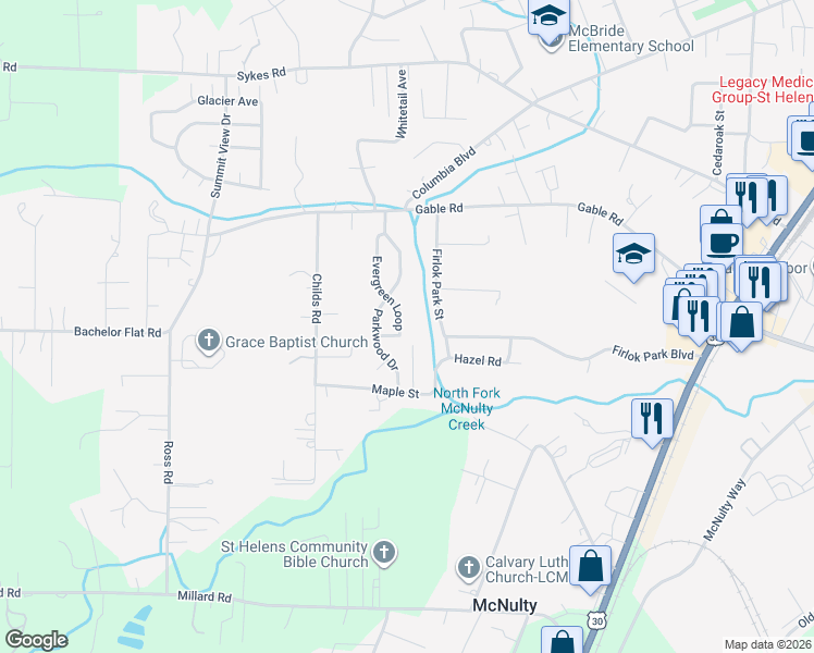 map of restaurants, bars, coffee shops, grocery stores, and more near 58710 Dogwood Lane in St. Helens
