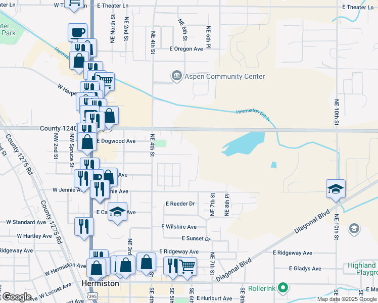 map of restaurants, bars, coffee shops, grocery stores, and more near 626 Northeast Willow Court in Hermiston