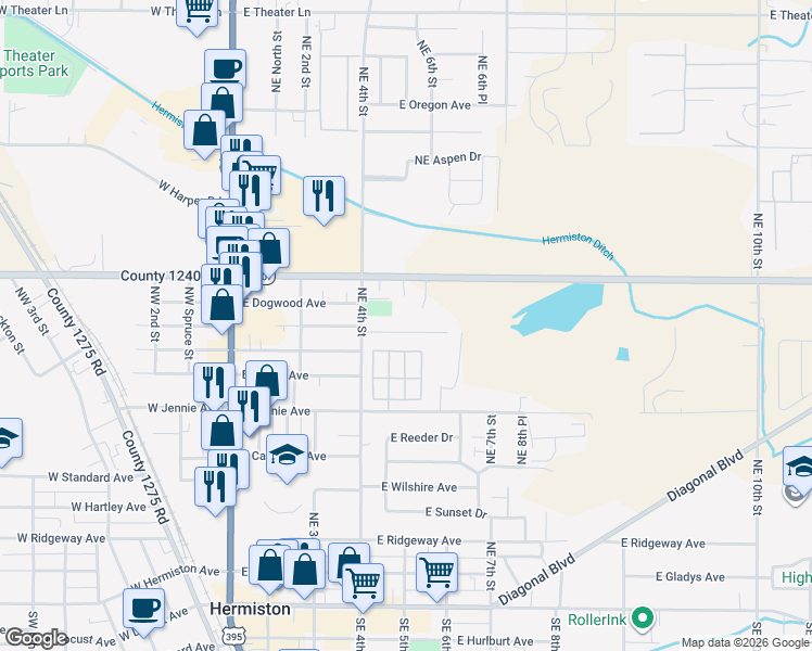 map of restaurants, bars, coffee shops, grocery stores, and more near 520 Northeast Willow Court in Hermiston