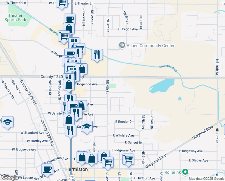 map of restaurants, bars, coffee shops, grocery stores, and more near 436 Northeast Willow Court in Hermiston