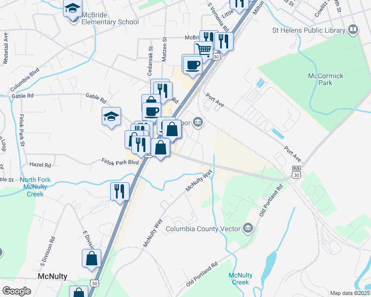 map of restaurants, bars, coffee shops, grocery stores, and more near 2285 Gable Road in St. Helens