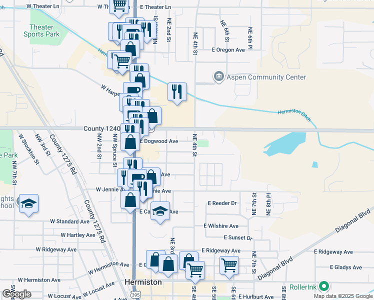 map of restaurants, bars, coffee shops, grocery stores, and more near 345 East Dogwood Avenue in Hermiston