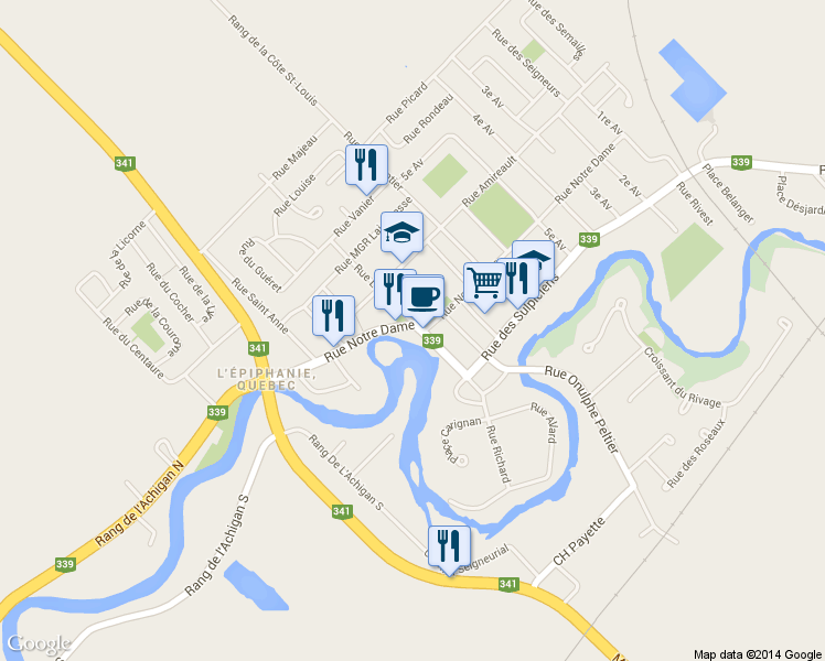 map of restaurants, bars, coffee shops, grocery stores, and more near 45 Rue Leblanc in L'Épiphanie