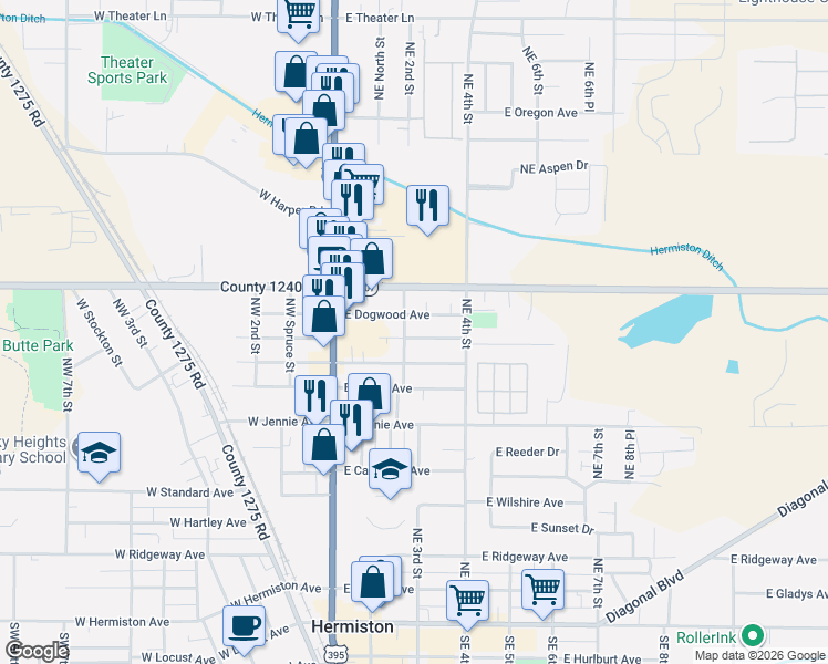 map of restaurants, bars, coffee shops, grocery stores, and more near 305 East Cherry Avenue in Hermiston