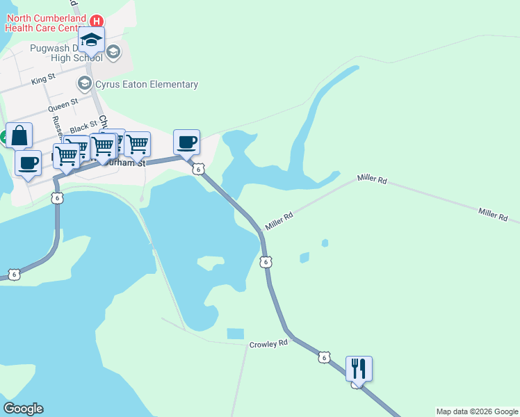 map of restaurants, bars, coffee shops, grocery stores, and more near 10619 Durham Street in Pugwash