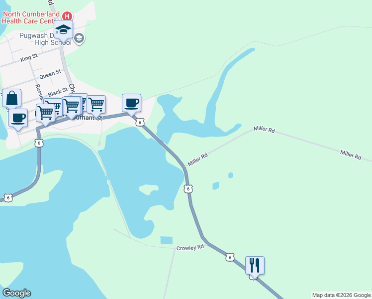 map of restaurants, bars, coffee shops, grocery stores, and more near Miller Road in Pugwash