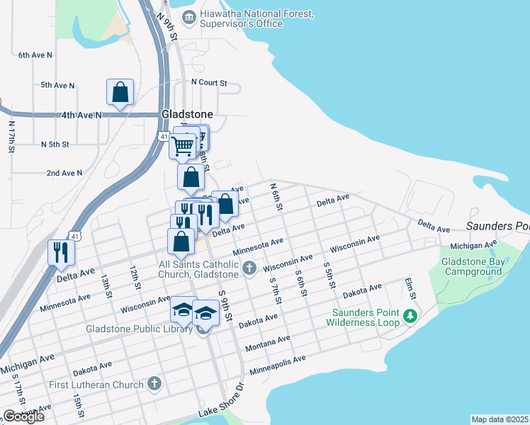 map of restaurants, bars, coffee shops, grocery stores, and more near 611 Superior Avenue in Gladstone