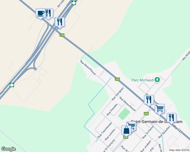 map of restaurants, bars, coffee shops, grocery stores, and more near 325 Rue Beauchesne in Saint-Germain-de-Grantham