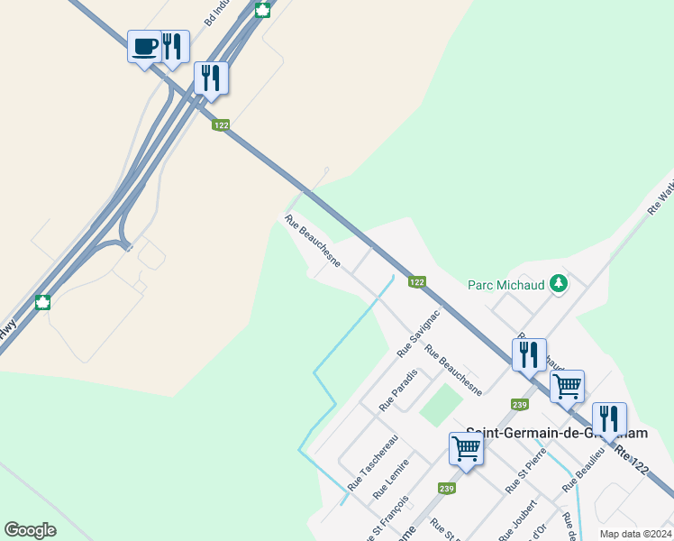 map of restaurants, bars, coffee shops, grocery stores, and more near 325 Rue Beauchesne in Saint-Germain-de-Grantham