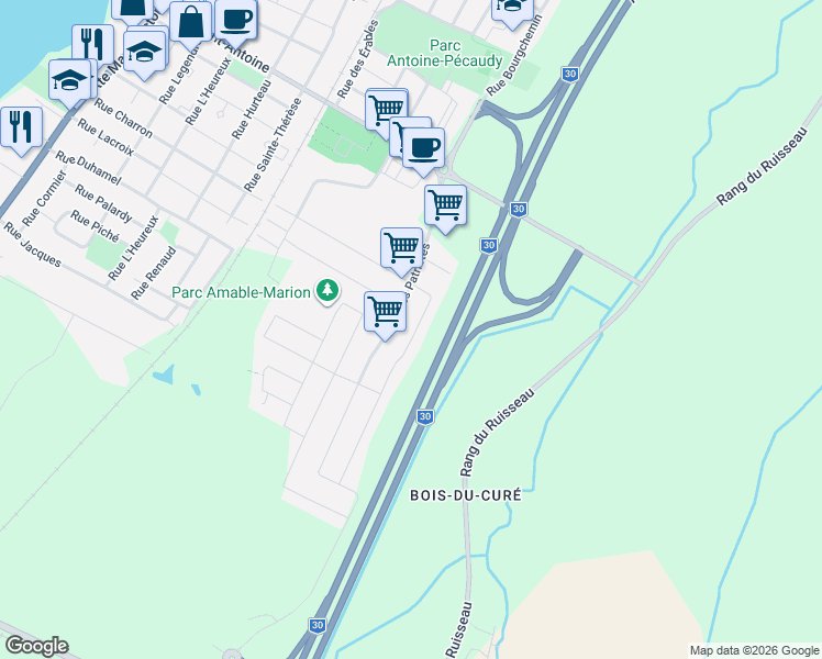 map of restaurants, bars, coffee shops, grocery stores, and more near Rue Joseph-Lamoureux in Contrecoeur