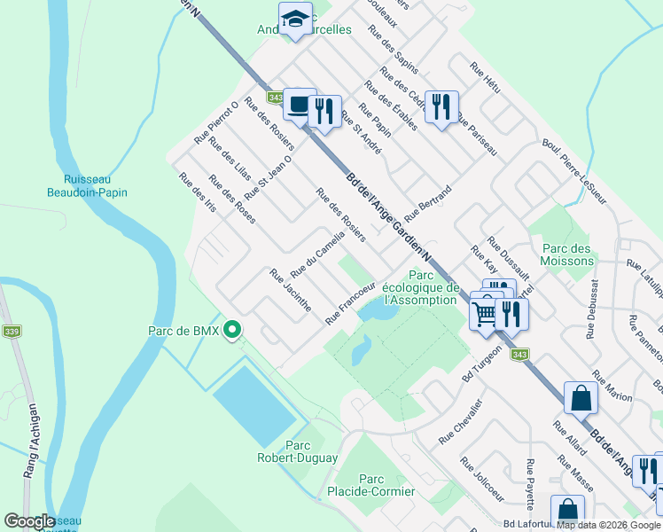map of restaurants, bars, coffee shops, grocery stores, and more near 1336 Rue Bégonia in L'Assomption