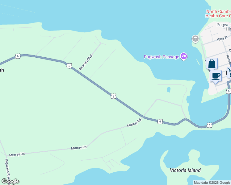 map of restaurants, bars, coffee shops, grocery stores, and more near 9525 Sunrise Trail in Pugwash