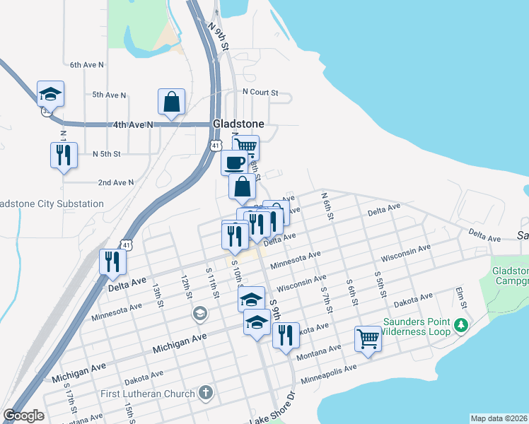 map of restaurants, bars, coffee shops, grocery stores, and more near North 8th Street in Gladstone