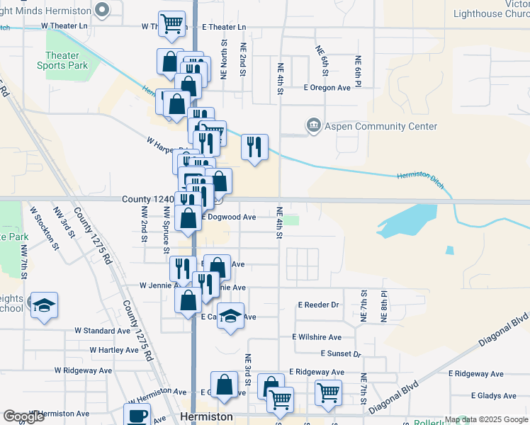 map of restaurants, bars, coffee shops, grocery stores, and more near 345 East Dogwood Avenue in Hermiston