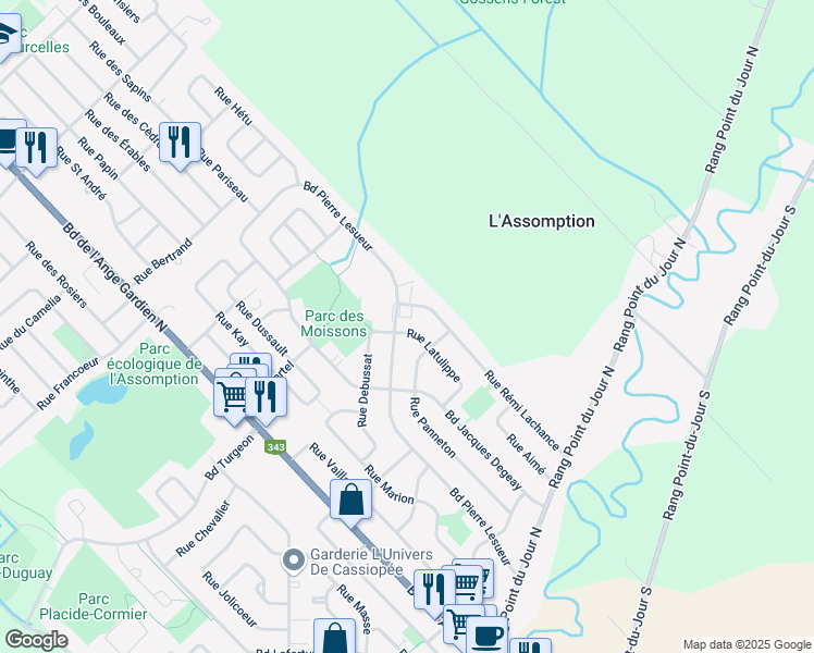 map of restaurants, bars, coffee shops, grocery stores, and more near 1030 Rue Latulippe in L'Assomption