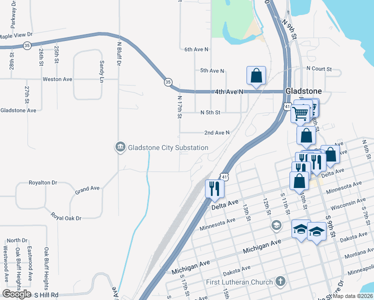 map of restaurants, bars, coffee shops, grocery stores, and more near 205 North 17th Street in Gladstone