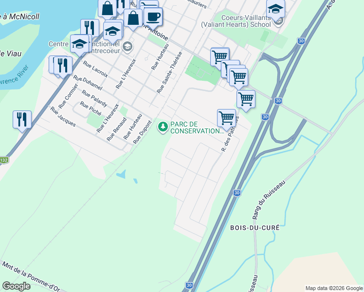 map of restaurants, bars, coffee shops, grocery stores, and more near 1472 Rue Jean-Moreau-Desjordy in Contrecoeur