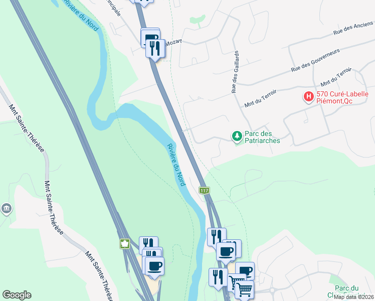 map of restaurants, bars, coffee shops, grocery stores, and more near Route 117 in Prévost