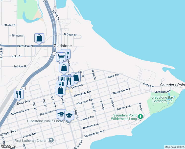 map of restaurants, bars, coffee shops, grocery stores, and more near 611 Superior Avenue in Gladstone