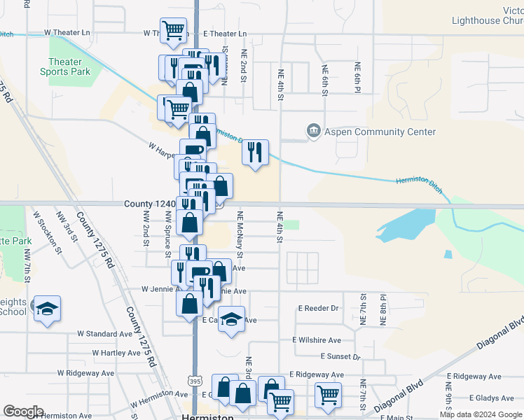 map of restaurants, bars, coffee shops, grocery stores, and more near 345 East Dogwood Avenue in Hermiston