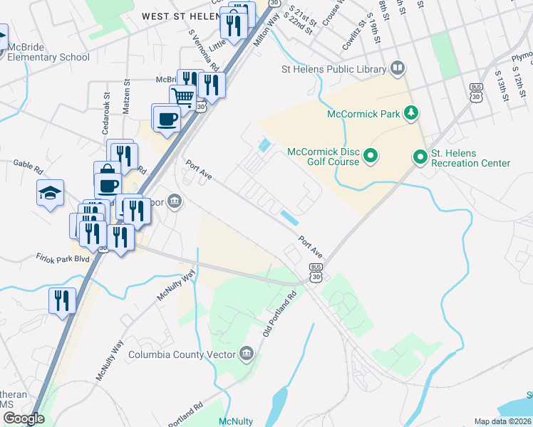 map of restaurants, bars, coffee shops, grocery stores, and more near Port Avenue in St. Helens
