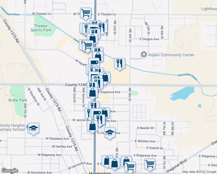 map of restaurants, bars, coffee shops, grocery stores, and more near 80436 Jones Lane in Hermiston
