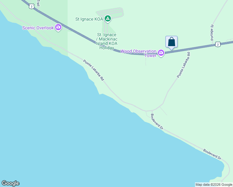 map of restaurants, bars, coffee shops, grocery stores, and more near Pointe Labarbe Road in Saint Ignace