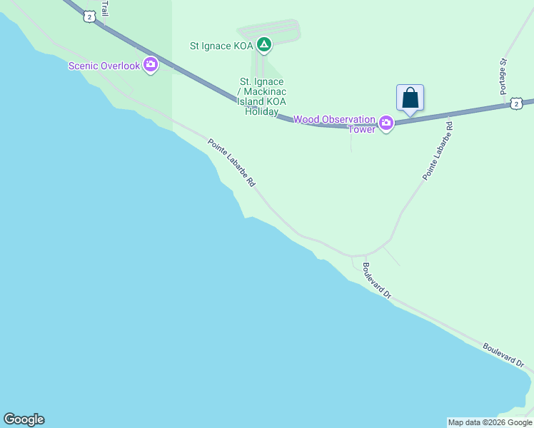 map of restaurants, bars, coffee shops, grocery stores, and more near 1083 Pte La Barbe Road in St. Ignace