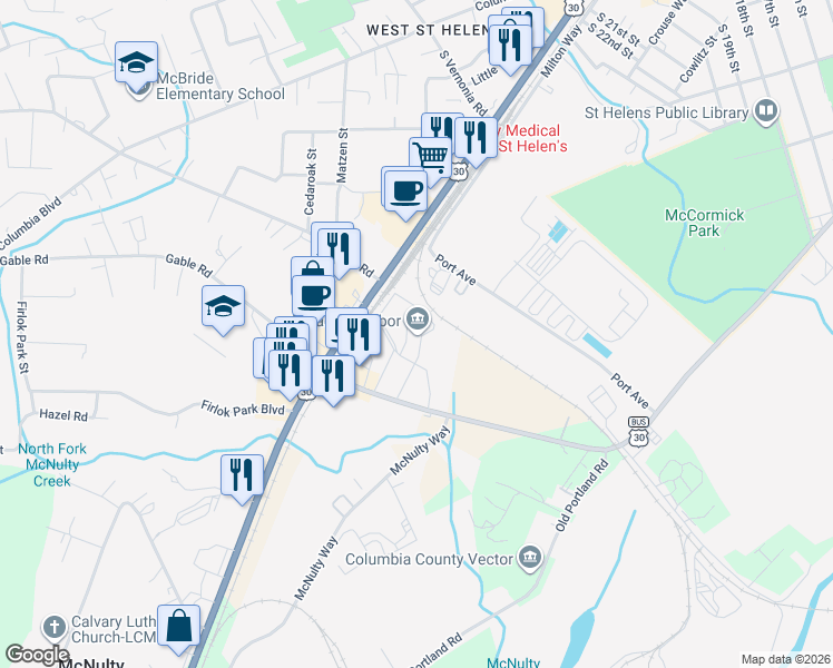 map of restaurants, bars, coffee shops, grocery stores, and more near 2250 Gable Road in St. Helens