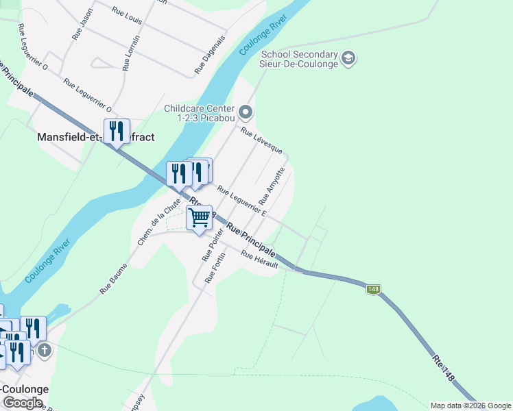 map of restaurants, bars, coffee shops, grocery stores, and more near 224 Rue Leguerrier Est in Outaouais