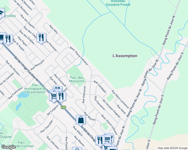 map of restaurants, bars, coffee shops, grocery stores, and more near 1129 Rue Rémi Lachance in L'Assomption