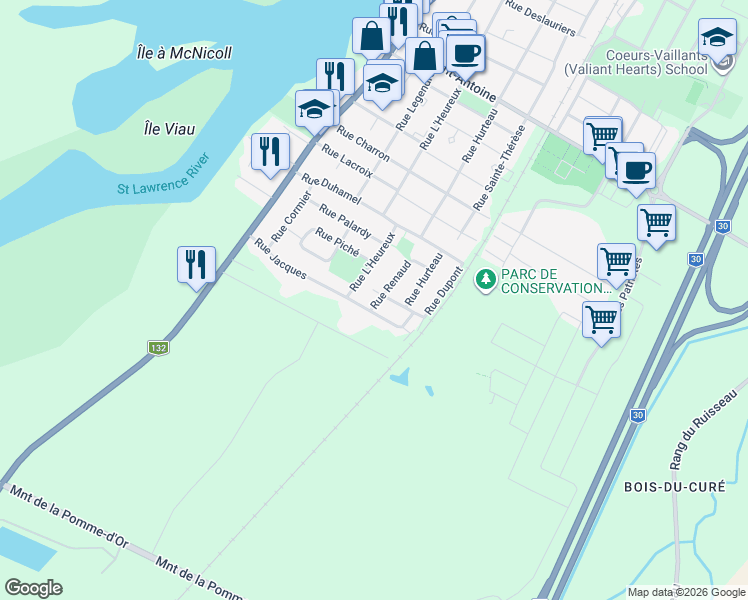 map of restaurants, bars, coffee shops, grocery stores, and more near 4520 Rue Renaud in Contrecoeur