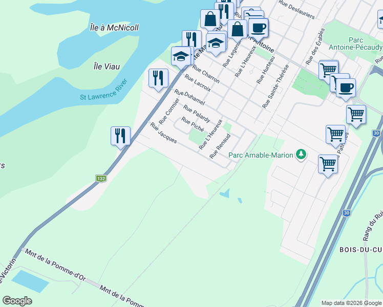 map of restaurants, bars, coffee shops, grocery stores, and more near 394 Rue Jacques in Contrecoeur