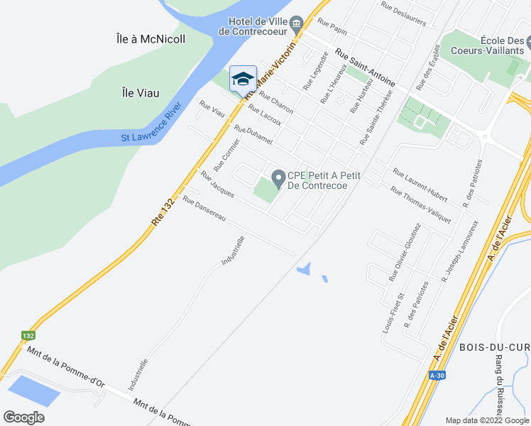 map of restaurants, bars, coffee shops, grocery stores, and more near 400 Rue Jacques in Contrecoeur