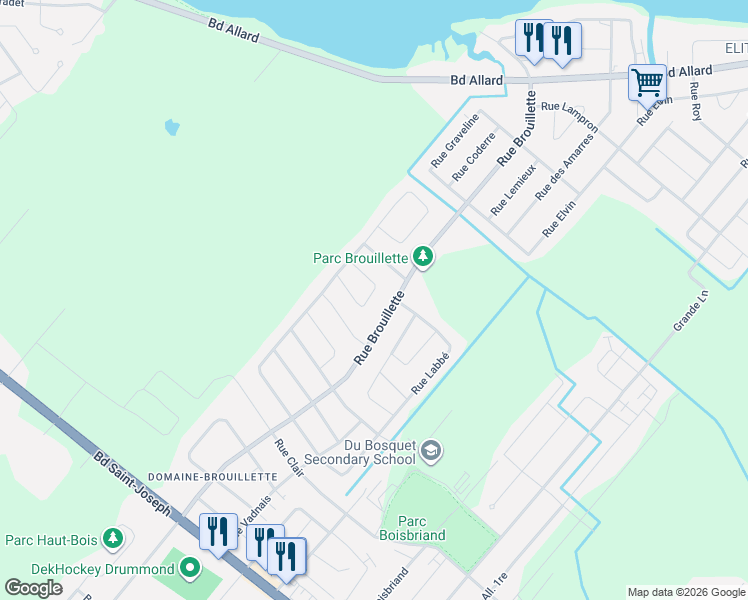 map of restaurants, bars, coffee shops, grocery stores, and more near 19a Rue Horace Thomas in Drummondville