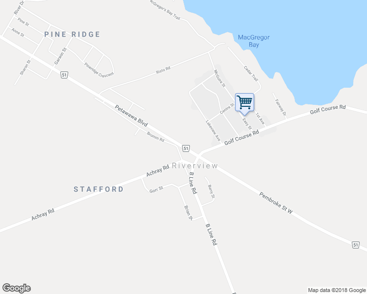 map of restaurants, bars, coffee shops, grocery stores, and more near 1721 Petawawa Boulevard in Pembroke