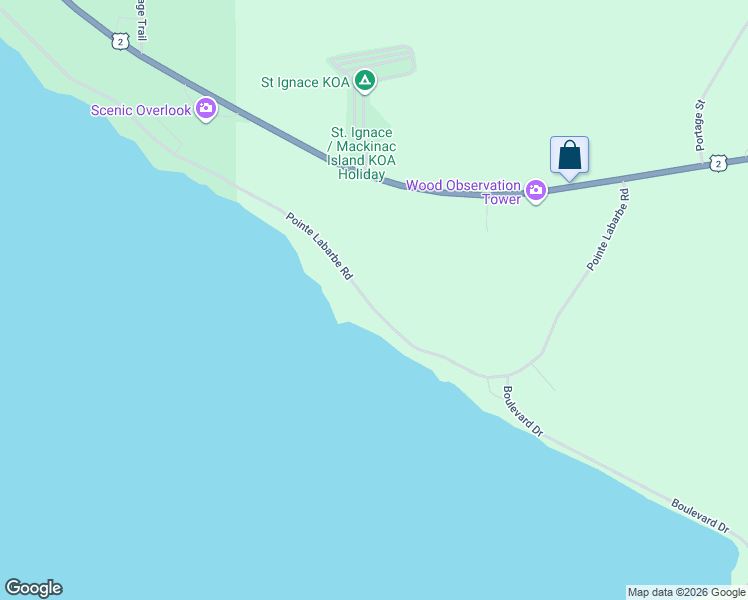 map of restaurants, bars, coffee shops, grocery stores, and more near Pointe Labarbe Road in St. Ignace