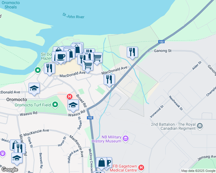 map of restaurants, bars, coffee shops, grocery stores, and more near 5 Onondaga Street in Oromocto