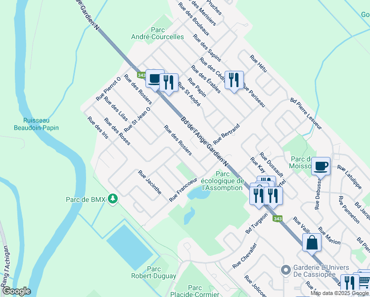 map of restaurants, bars, coffee shops, grocery stores, and more near 1366 Rue des Rosiers in L'Assomption