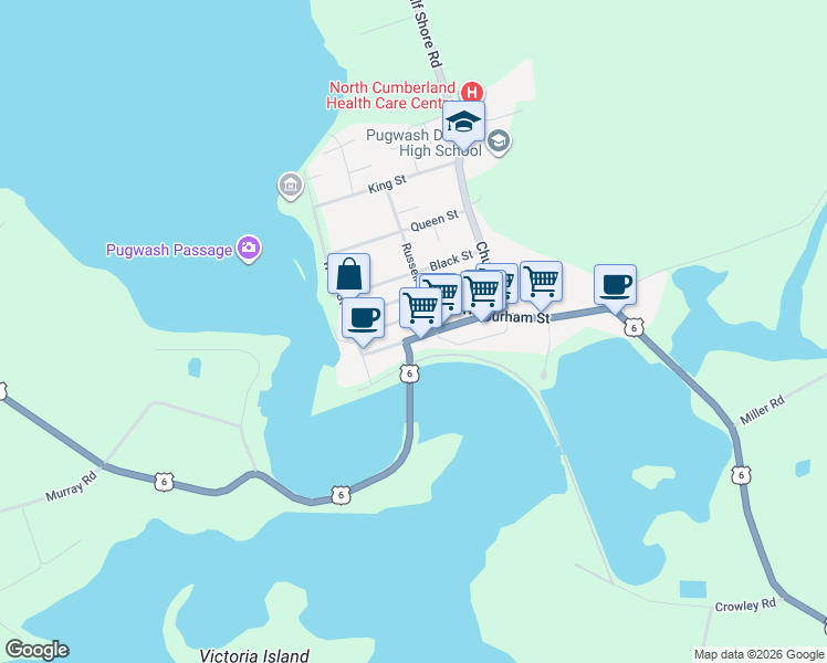 map of restaurants, bars, coffee shops, grocery stores, and more near 10213 Durham Street in Pugwash