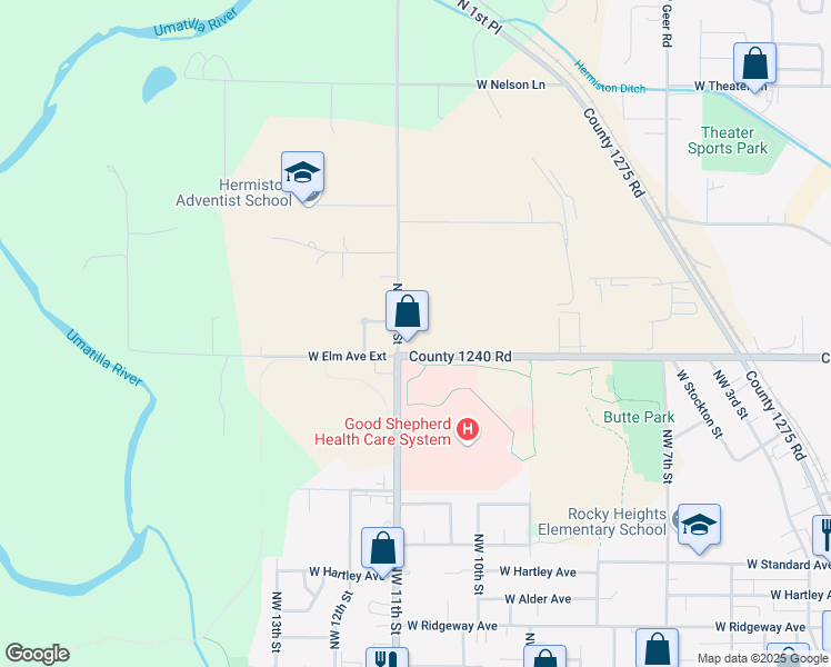 map of restaurants, bars, coffee shops, grocery stores, and more near 1070 West Elm Avenue in Hermiston