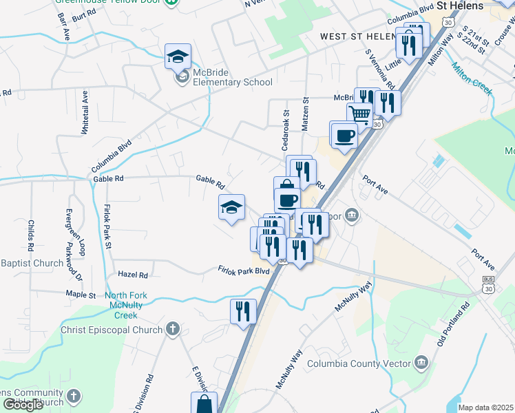 map of restaurants, bars, coffee shops, grocery stores, and more near 2370 Gable Road in St. Helens