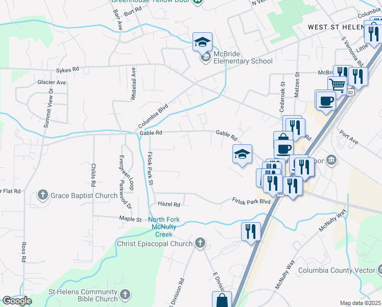 map of restaurants, bars, coffee shops, grocery stores, and more near 58907 Alexandra Lane in St. Helens