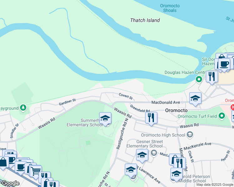 map of restaurants, bars, coffee shops, grocery stores, and more near Covert Street in Oromocto