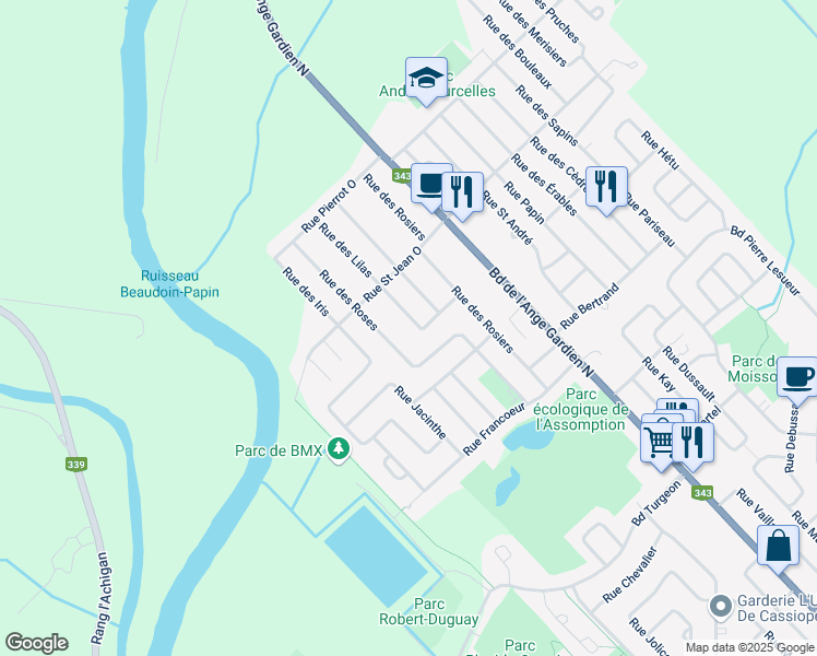 map of restaurants, bars, coffee shops, grocery stores, and more near 82 Rue des Lilas in L'Assomption