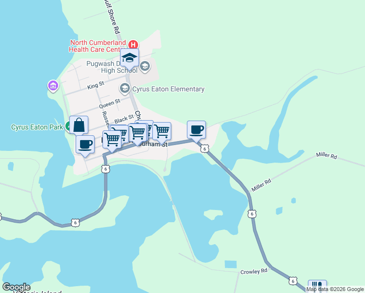 map of restaurants, bars, coffee shops, grocery stores, and more near 10442 Nova Scotia 6 in Pugwash