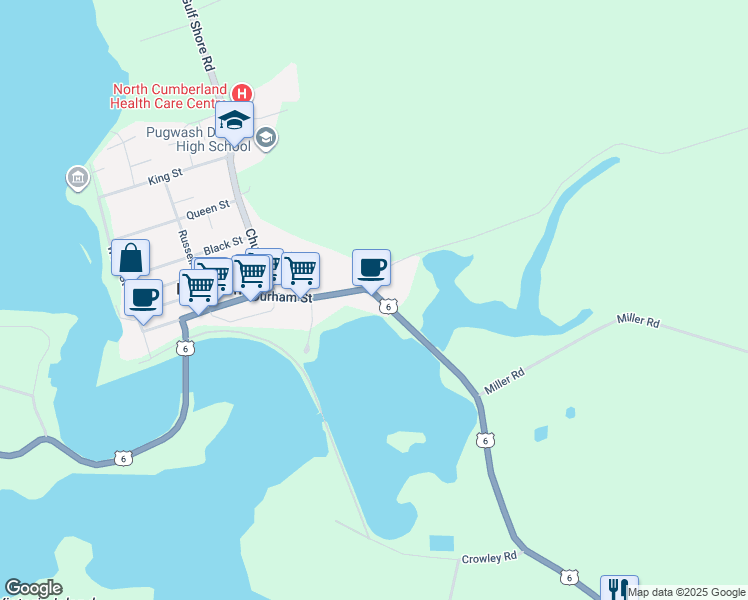 map of restaurants, bars, coffee shops, grocery stores, and more near 9372 Sunrise Trail in Pugwash