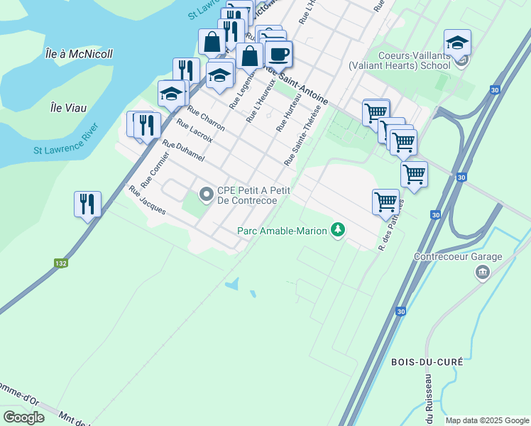 map of restaurants, bars, coffee shops, grocery stores, and more near 4640 Rue Dupont in Contrecoeur