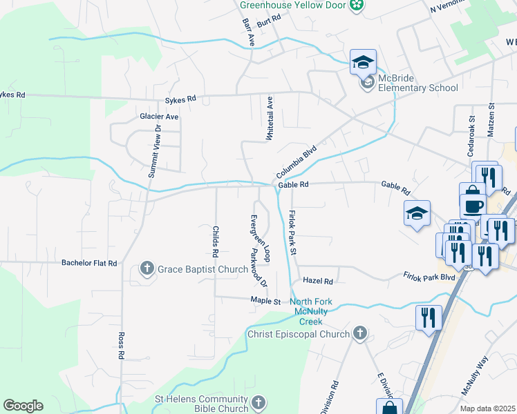 map of restaurants, bars, coffee shops, grocery stores, and more near 58930 Evergreen Loop in St. Helens
