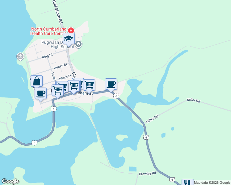 map of restaurants, bars, coffee shops, grocery stores, and more near 10485 Durham Street in Pugwash